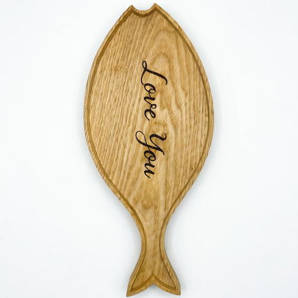 Wooden fish shaped serving tray with custom engraving available for your unique needs.