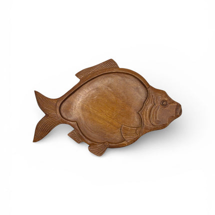 Handcrafted wooden fish shaped serving tray with a cute and charming natural design.