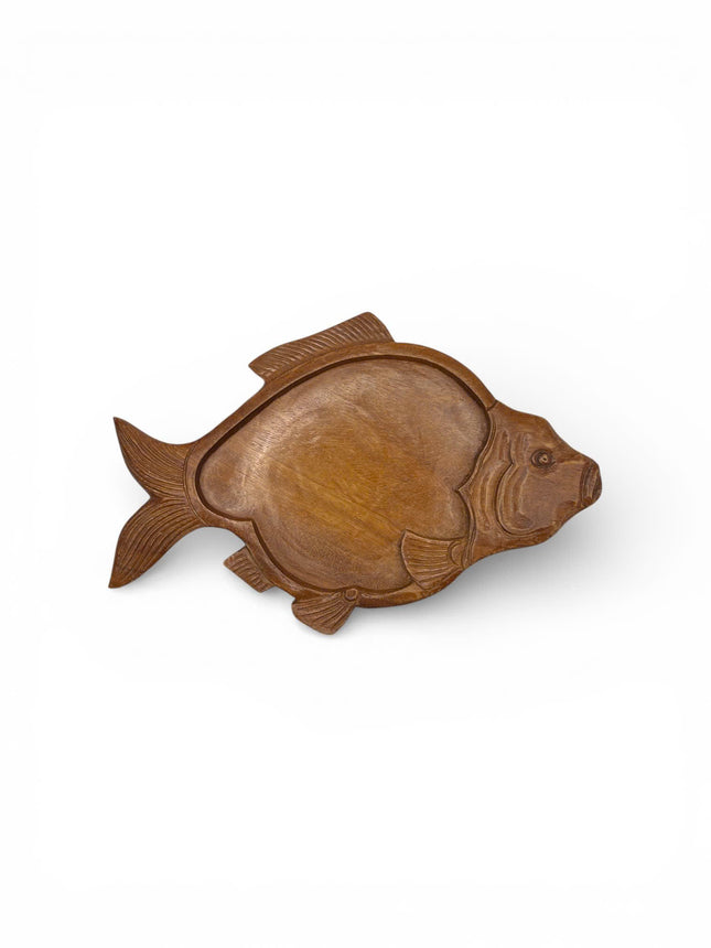 Handcrafted wooden fish shaped serving tray with a cute and charming natural design.