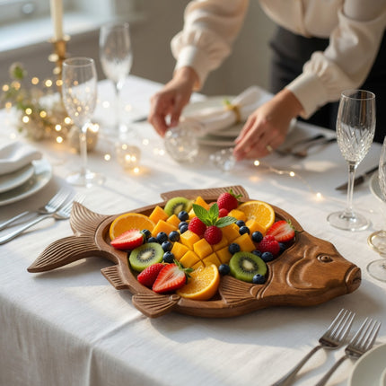 Handcrafted wooden fish shape serving tray with high durability for everyday use.