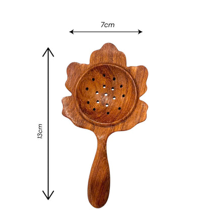 Handcrafted wooden flower slotted spoon with compact size for easy use and storage.