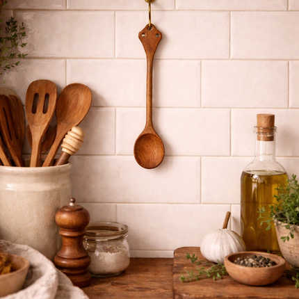 Handmade royal crown wooden slim spoon decor brings elegance and warmth to your dining space with a refined natural touch.
