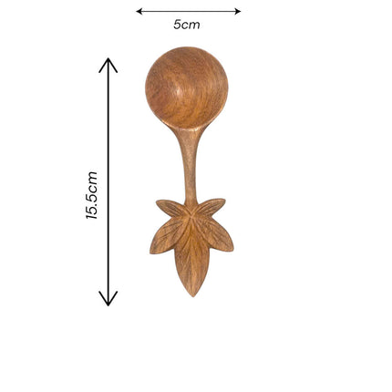 Handmade hand carved wooden spoon with a leaf design offers a perfect size for everyday cooking and serving use.