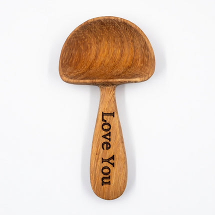 Cute wooden mushroom scoop spoon with personalized name engraving for a charming kitchen gift.
