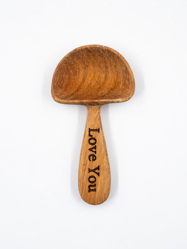 Cute wooden mushroom scoop spoon with personalized name engraving for a charming kitchen gift.