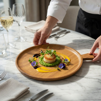 Handcrafted round serving plate with handle that is safe for everyday use.