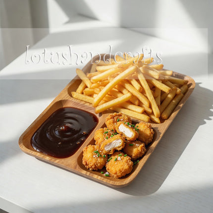 Ash wood rectangle 3 compartment plate with durable craftsmanship for stylish and organized everyday serving.