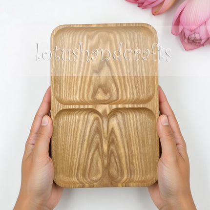 Ash wood rectangle 3 compartment serving tray for coffee, snacks, fruits, and everyday dining use.