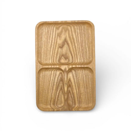 Cute ashwood rectangle serving tray with 3 compartments for snacks, coffee, and small meals.