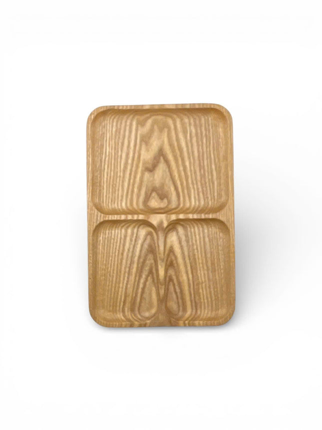 Cute ashwood rectangle serving tray with 3 compartments for snacks, coffee, and small meals.