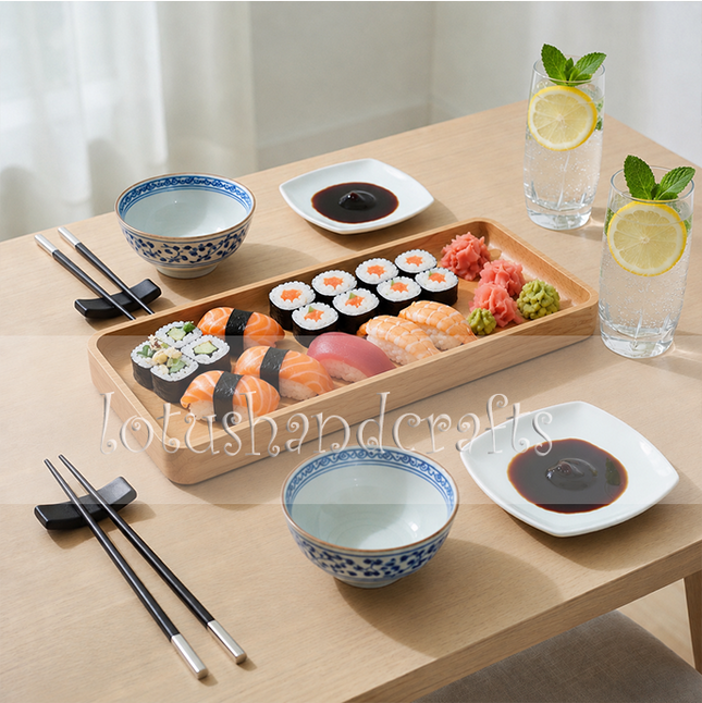 Ashwood rectangular serving tray and charcuterie board for elegant coffee, dessert, sushi, and food plating.