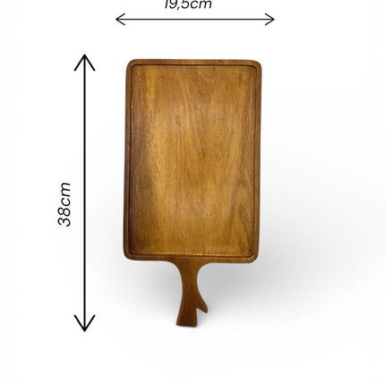 Handcrafted wooden serving tray with handle and size suitable for everyday use.