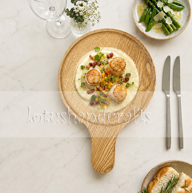 Round ashwood serving tray with handle features a durable design for coffee and everyday use.