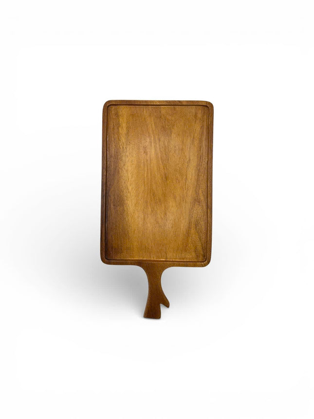 Handcrafted wooden serving tray with a cute handle, perfect for everyday serving and display.