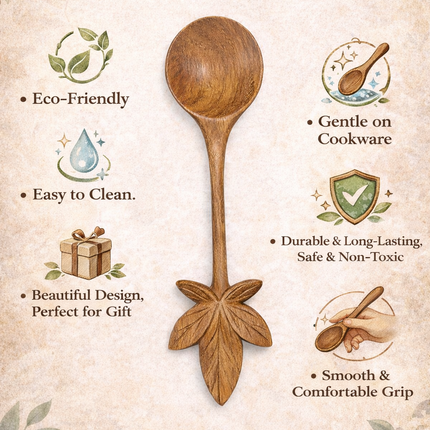 Hand carved leaf wooden spoon made from natural wood, crafted by hand with a smooth and elegant finish.