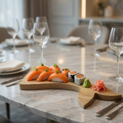 Handcrafted wooden whale tail shape tray ensures safety and supports a healthy lifestyle for users.