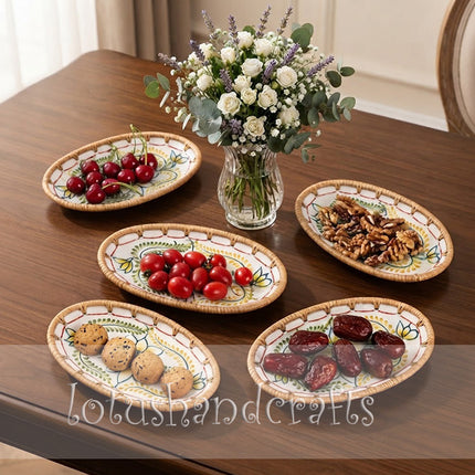 Handcrafted Vietnamese ceramic and rattan tray with a romantic golden floral design, bringing warmth, natural beauty, and artistic charm to everyday home moments.